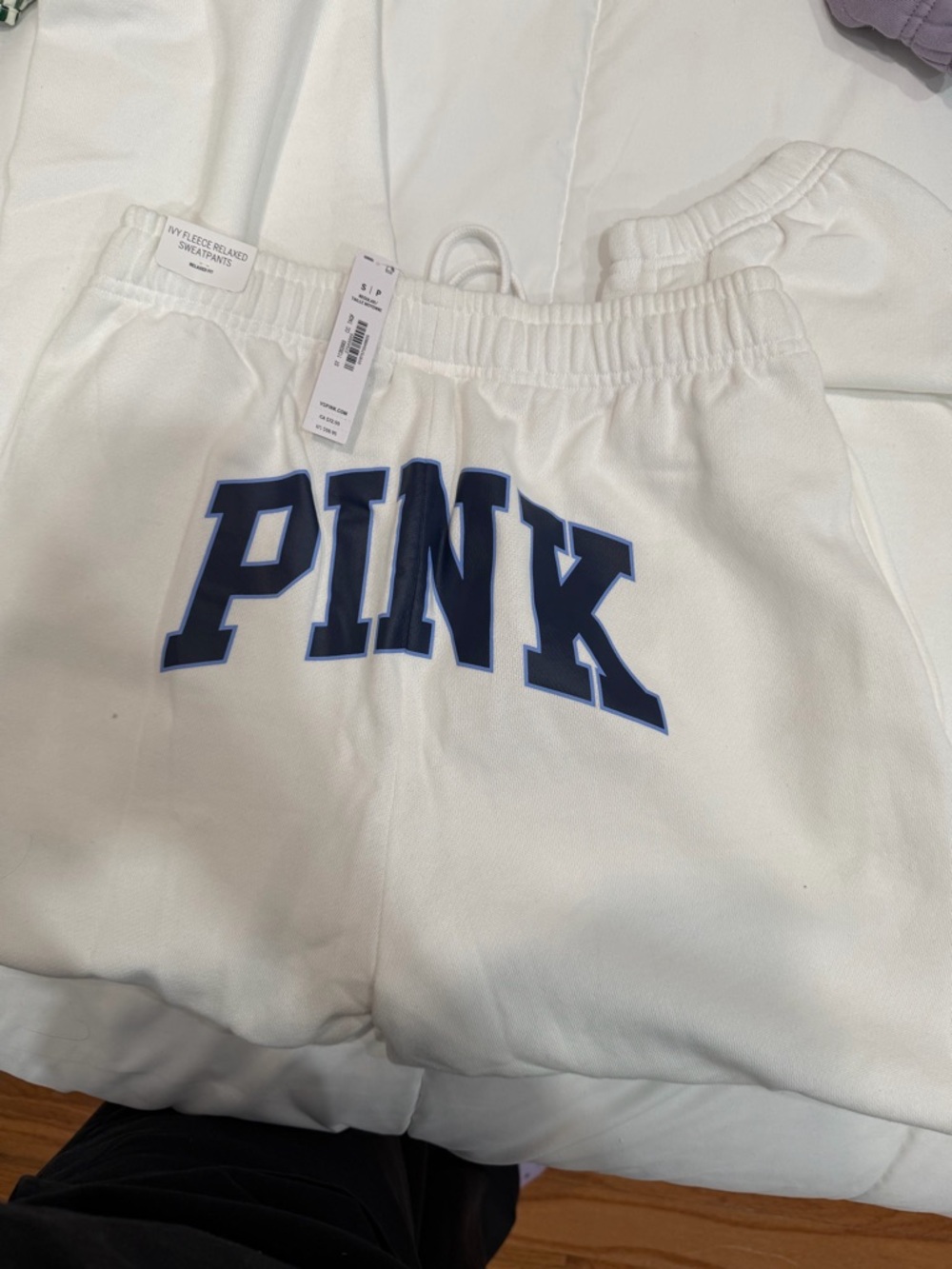 NEW PINK White Sweatpants with Navy Logo